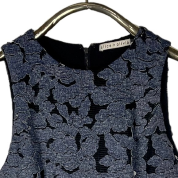 ALICE + OLIVIA FONDA SLEEVELESS DROP WAIST DENIM FLORAL APPLIQUE MINI DRESS - Picture 12 of 15